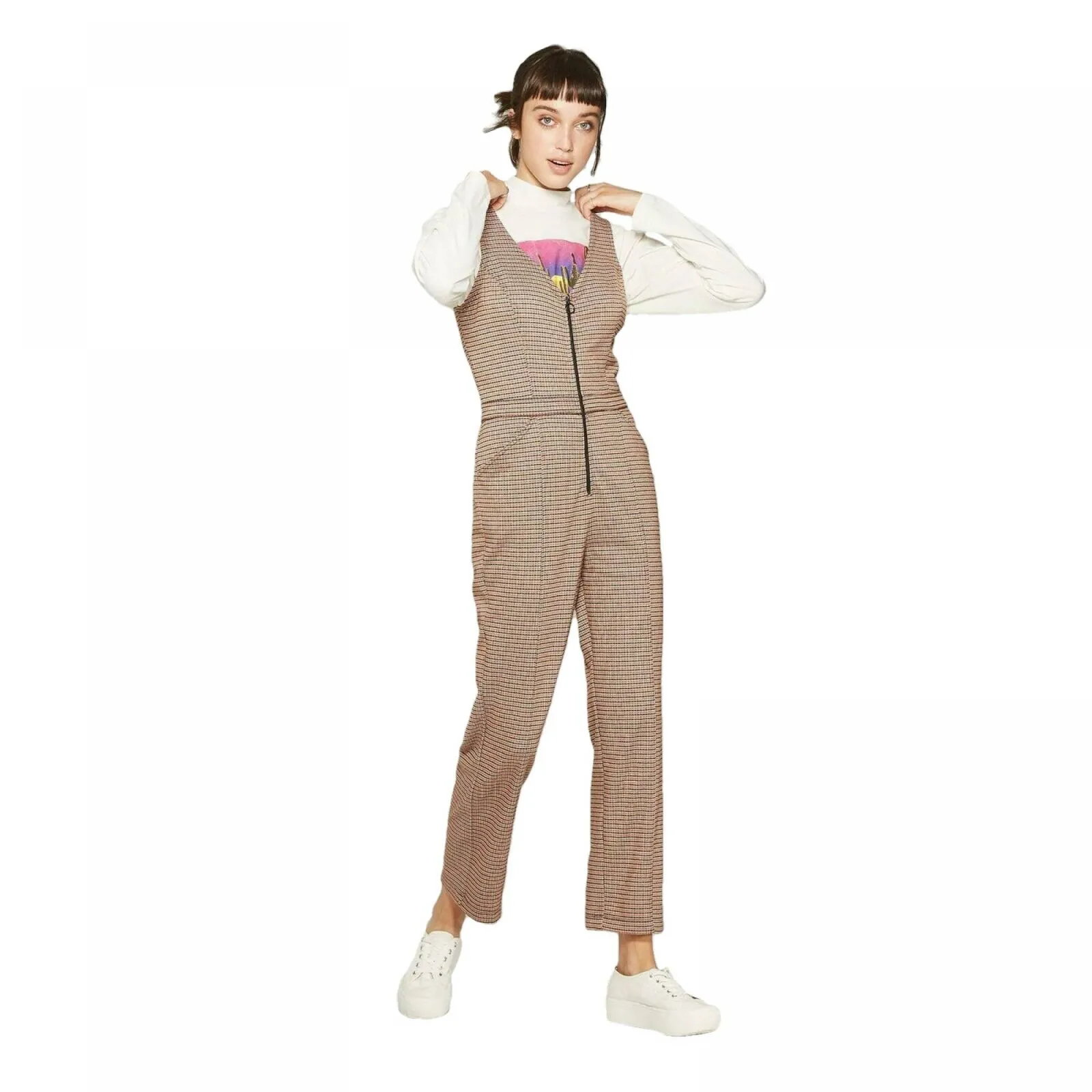 Wild Fable Women's Plaid Sleeveless V-Neck Zip Front Jumpsuit