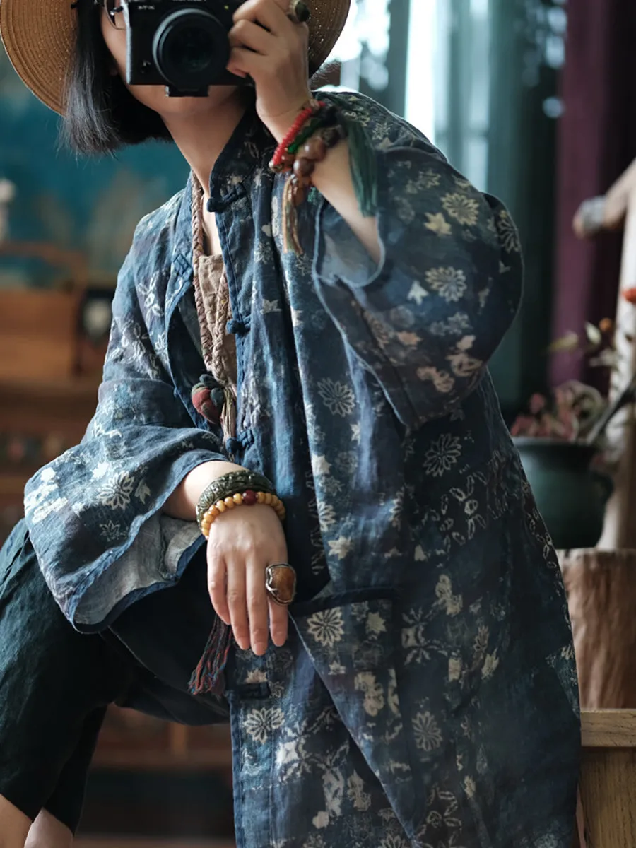 Women Spring Vintage Flower 100%Linen Shirt Coat