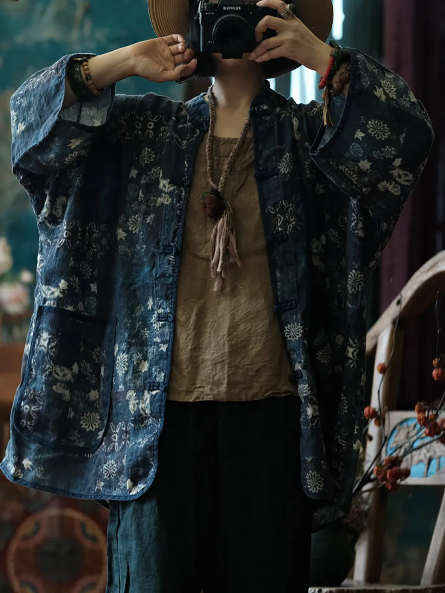 Women Spring Vintage Flower 100%Linen Shirt Coat